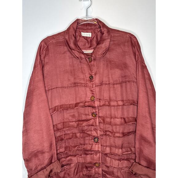2000s Krista Larson Mauve Crinkled Silk Overshirt Jacket One Size - Picture 3 of 14